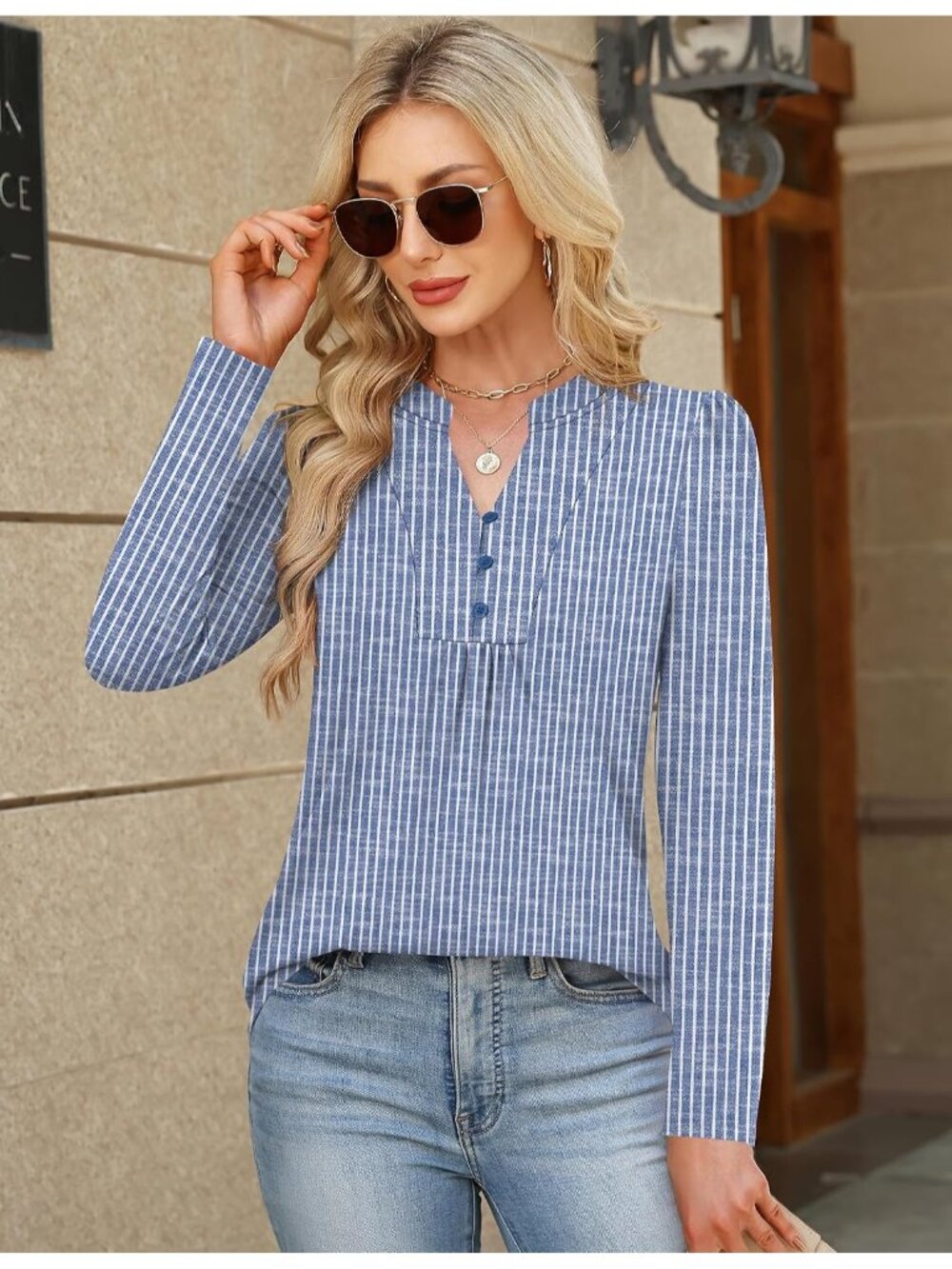 Women's Blue White Striped Long Sleeve Shirts V-Neck Casual Pleated Fall Tops - Picture 2 of 5